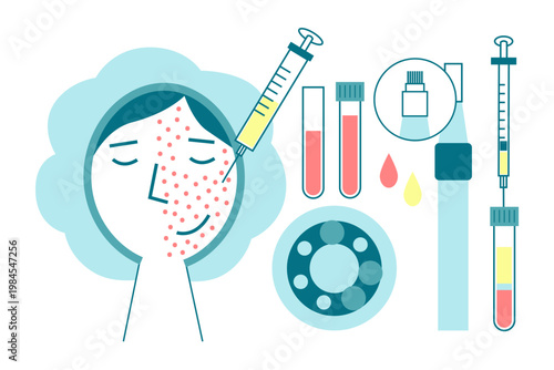 Platelet-rich plasma facial treatment. Cosmetic PRP procedure elements (face injection, syringe, blood tubes, centrifugue, microneedling). Skin rejuvenation in aesthetic medicine and dermatology.