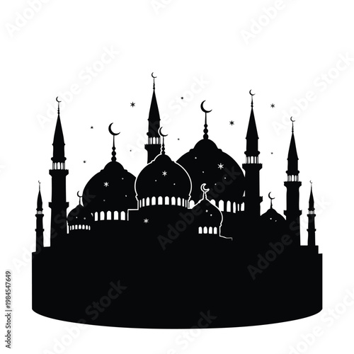 Silhouette of Majestic Mosque with Minarets and Domes at Night