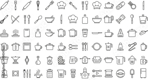 Collection of Hand Drawn Kitchen Utensils and Cooking Equipment Icons.