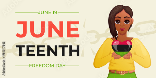 Juneteenth freedom day banner with african american girl holding heart in pan african colors and broken chain background. Unity, emancipation and hope vector design.