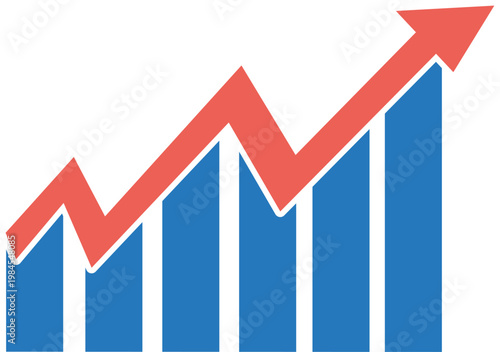 Graph showing upward trend and growth with red arrow symbolising progress and success