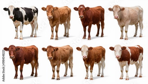 Set of cows isolated on white background showing different breeds and natural variations