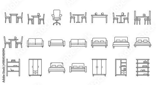Collection of furniture line drawings for interior design.