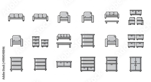 Collection of Furniture Icons in Top Down View.
