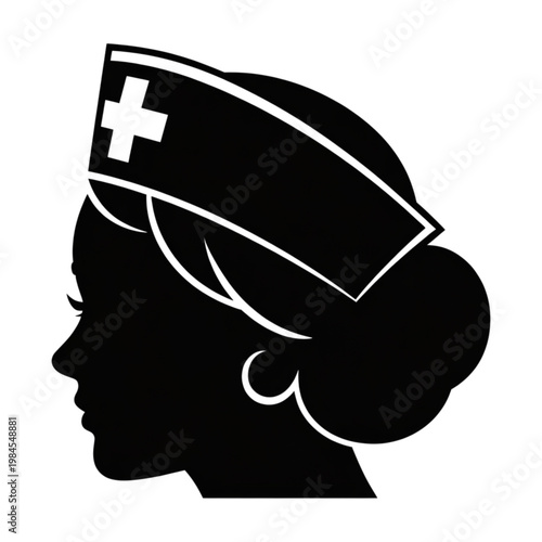 Female nurse head silhouette with medical cap and cross, professional healthcare worker profile, vector illustration