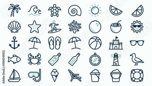 Summer Beach and Vacation Line Icon Set
