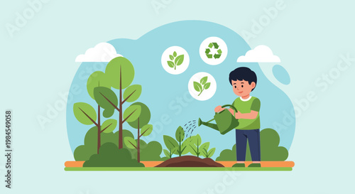 Young boy watering plants in a garden with eco symbols above.