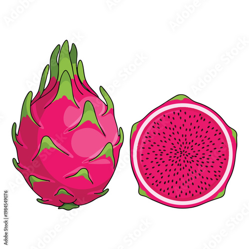Fresh Pink Dragon Fruit with Green Leaves and Cross Sectional View on White Background