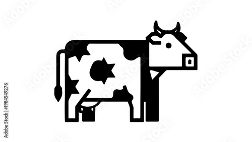 Minimalist Geometric Cow Icon in Black and White, Dairy Farm Animal Vector Illustration
