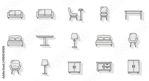 Collection of furniture icons in a clean line art style.