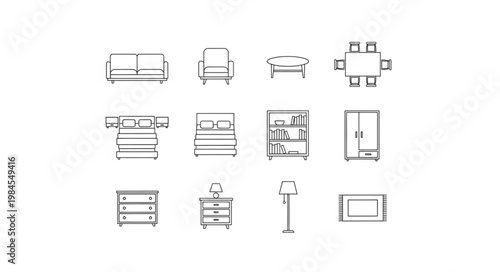 Collection of hand-drawn furniture icons for interior design projects.