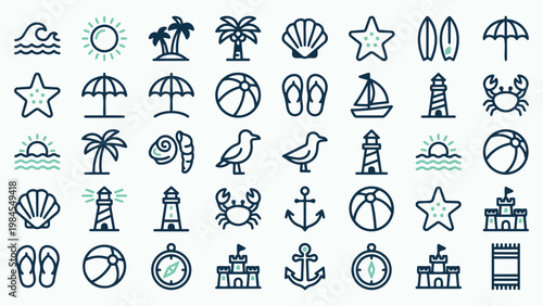 Comprehensive Beach and Nautical Line Icon Grid