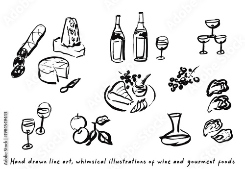 Collection of hand drawn icons, wine and gourmet foods