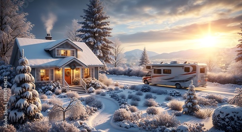 A snowy winter scene depicts a home, a recreational vehicle, and a sunset backdrop. A garden path leads from the house