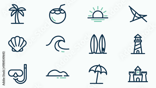 Beach and Sea Travel Icon Set for Summer Vacation