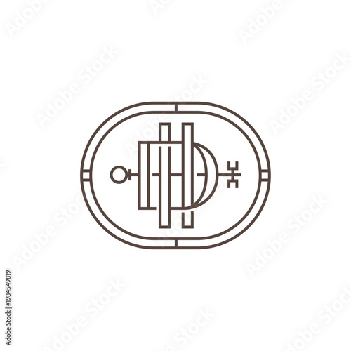 Refined DH monogram enclosed in a double oval frame with a stylized key motif. Brown thin-line art deco badge ideal for luxury hotels, resorts, or premium brands.
