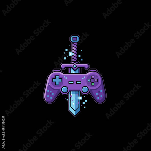 gaming controller with sword logo neon style esport emblem vector illustration