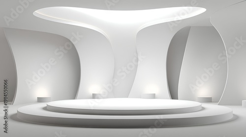 Minimalist Architectural Stage: A captivating perspective of a pristine, modern stage design with a minimalist aesthetic, exuding a sense of futuristic elegance and design
