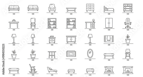 Collection of Furniture Icons in Blueprint Style.