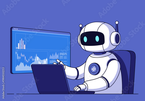 AI trading robot using laptop with stock market data analytics futuristic concept