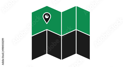Minimalist map icon design in green and black with location marker for travel applications