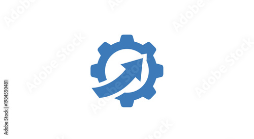 Gear with upward arrow signifying progress, development, and improvement, on white background
