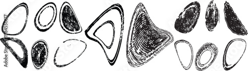 Distorted irregular shapes collection . Oval shapes design . Textured blobs . Trendy grainy shapes set . Graph print texture .Stamp effect .Grunge texture . Distressed element .vector
