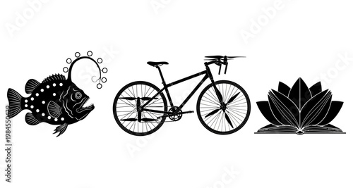 Anglerfish bicycle and lotus flower silhouette against a white background