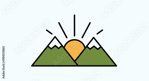 Minimalist graphic of mountains and sun depicting dawn or dusk in a simplistic design