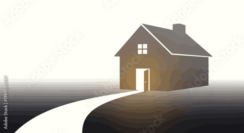 Minimalist Home Illustration with an Open Door and a Pathway Inviting Forward