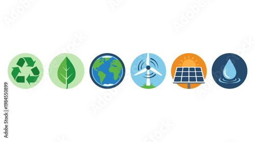 vector Diverse environmental icons symbolizing sustainability, renewable energy, and the protection of our planet.