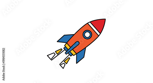 Colorful illustration of a rocket ship blasting off into the unknown on white background