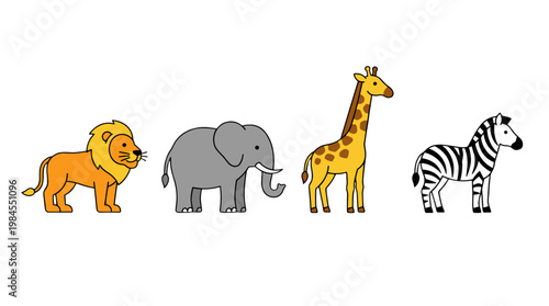 vector A group of four cartoon African safari animals including a lion, elephant, giraffe, and zebra stand together.