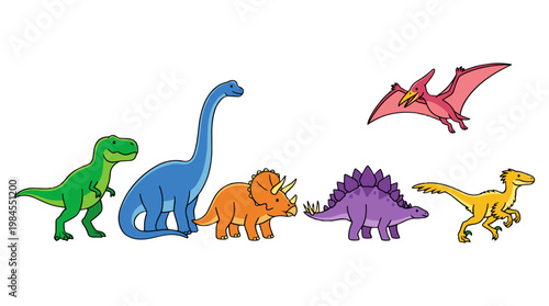 vector A group of five colorful cartoon dinosaurs including a T-Rex, Brontosaurus, Triceratops, Stegosaurus, and Pterodactyl.