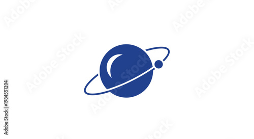 Minimalist planet icon with orbital ring and satellite against a white background