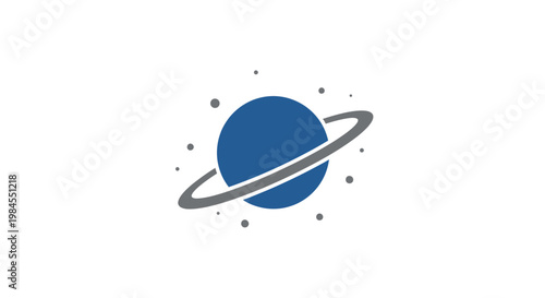 Minimalist space illustration depicting a planet with orbiting rings and scattered cosmic elements