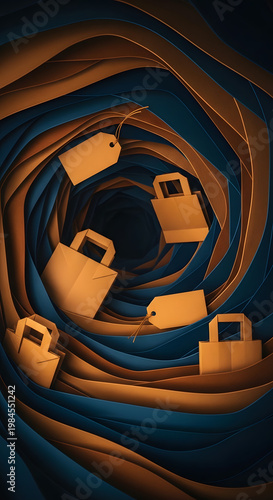Abstract E-commerce Shopping Vortex with Paper Bags and Price Tags for Retail Marketing and Online Sale Promotion