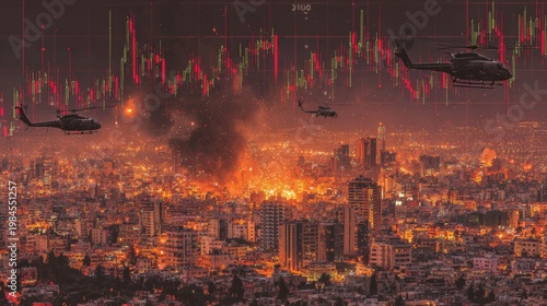Helicopters hovering over war-torn cityscape at dusk. Trading signals. War from above: aerial view of helicopters in a ruinous city landscape. Trading analysis. Crypto analytics.
