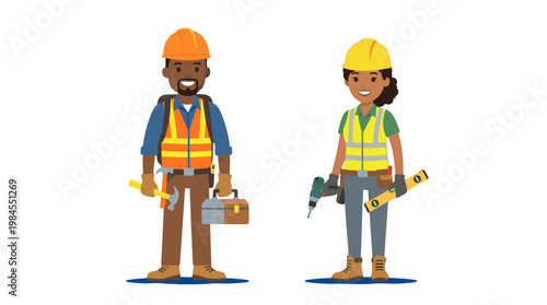 vector Two smiling construction workers, a man and a woman, wearing safety vests and carrying tools.