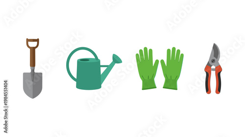 vector Gardening tools including a shovel, watering can, gloves, and pruning shears arranged in a line