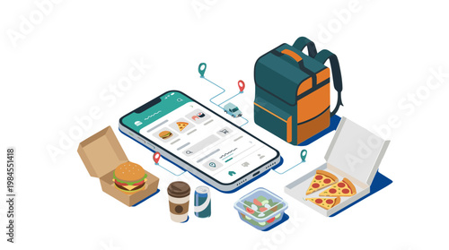 vector Food delivery application on a smartphone with food items and a delivery backpack nearby