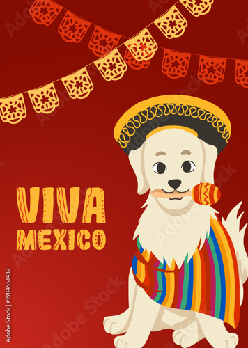 Cinco de Mayo party invitation with dog in sombrero and poncho holding maraca, papel picado garlands, lettering. Mexican fiesta vector template for invitations, flyers, posters, event design