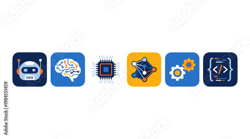 vector Set of icons representing artificial intelligence, machine learning, and computer programming