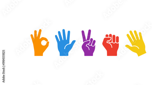 vector Five colorful hands gesturing different signals against a white background.