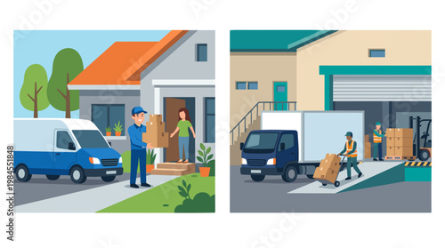 vector A diptych showing a delivery person handing a package to a resident and a warehouse operation.