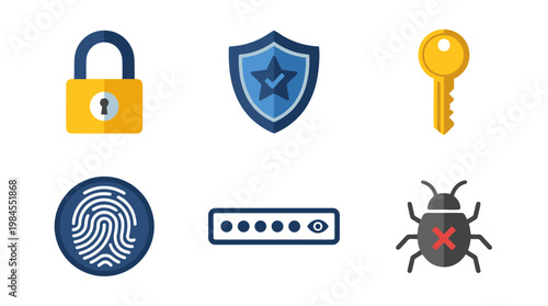 vector A collection of security icons including a padlock, shield, key, fingerprint, password, and bug.