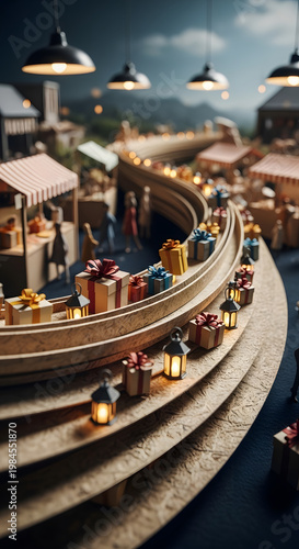 Miniature Christmas Market Scene with Gifts on Winding Track, Festive E-commerce Logistics and Holiday Marketing Concept