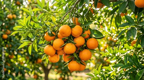 Oranges hanging from tree branch with green leaves, fresh citrus fruits in orchard, ripe oranges growing on tree