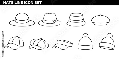 帽子・キャップ・ヘッドウェアカテゴリを表現した線画イラストセット ファッション小物・カジュアル・コーディネートコンセプト