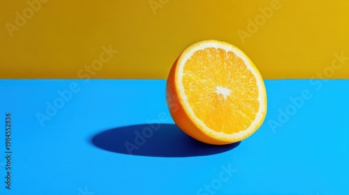 A sliced orange half on blue surface with vibrant juicy flesh, bright yellow background, strong contrast, modern style.